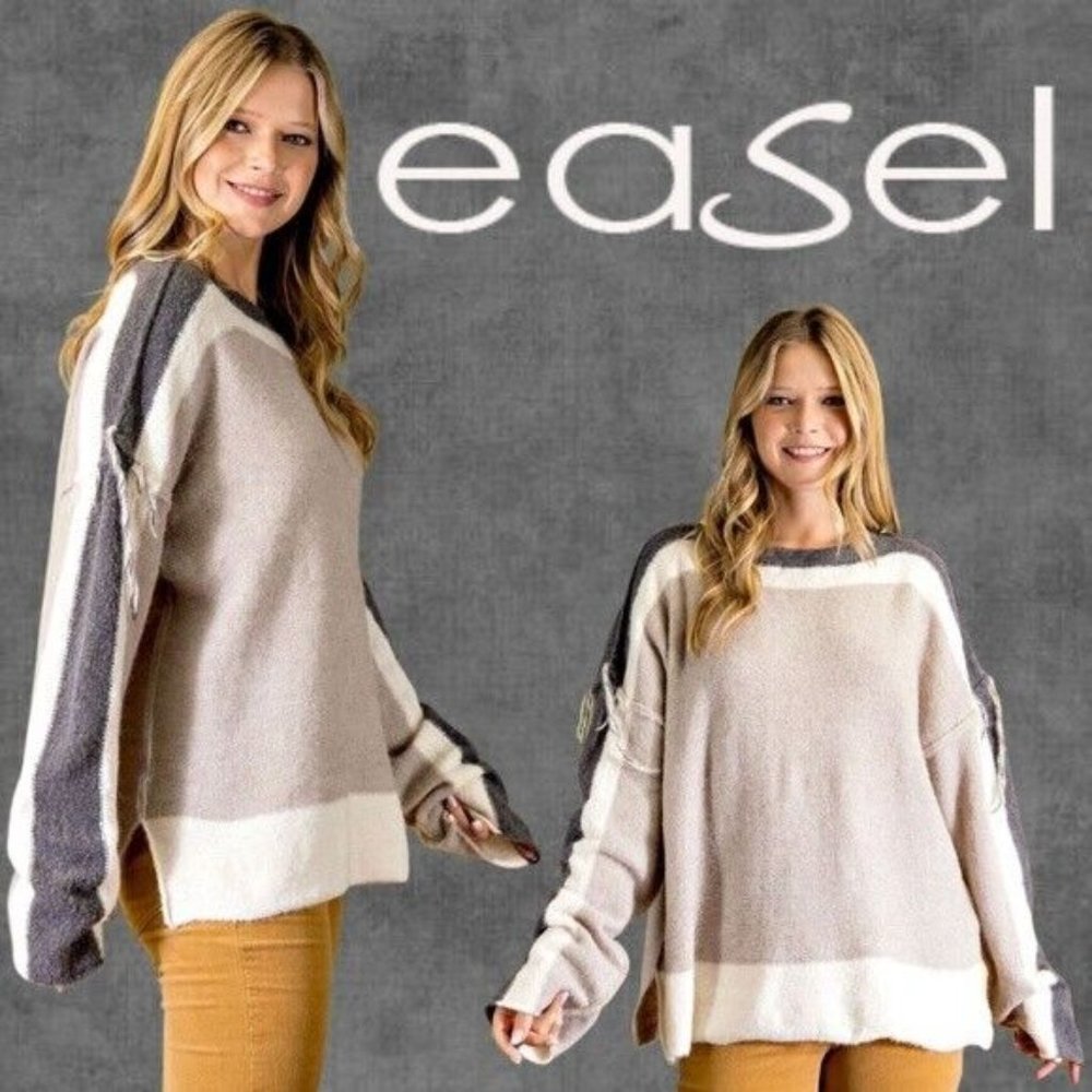 EASEL Loose Fit & Slouchy Tunic Style Sweater Side Slits Boat Neck Fringe Detail